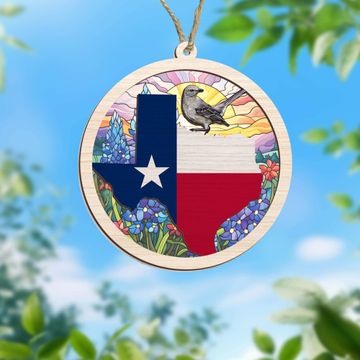 Discover Christmas Ornament, Texas with Northern Mockingbird and Bluebonnet, Texas Suncatcher