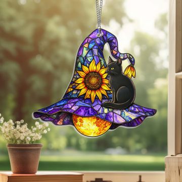 Discover Halloween Witch Hat Suncatcher - Cat Witch Acrylic Window Hanging for Spooky Decor
