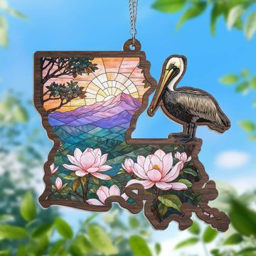 Discover Louisiana State Brown Pelican Bird and Loon Magnolia Flower 2 Layered Hanging Suncatcher TPT2163WHv1