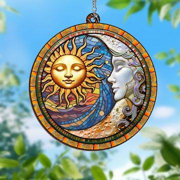 Discover Sun and Moon Face Hippie Decor 2 Layered Hanging Suncatcher