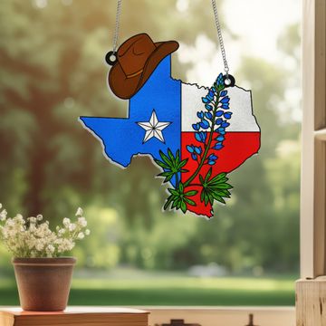 Discover Texas Bluebonnet Cowboy Hat Suncatcher - Acrylic Hanging Gift for Western Home Decor & Nature Lovers