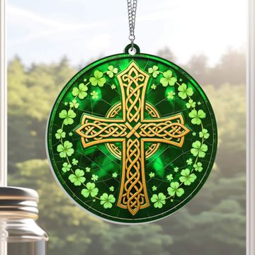 Discover Irish Celtic Cross Shamrock St. Patrick's Day Acrylic Suncatcher Hanging Sign