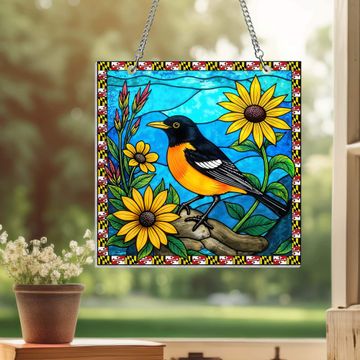 Discover Maryland Baltimore Oriole Bird and Black-Eyed Susan Flower Suncatcher Hanging Sign