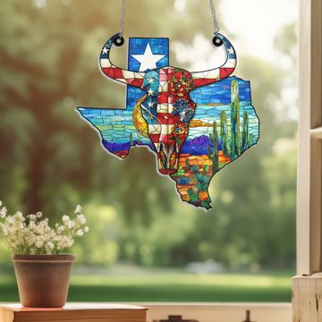 Discover Texas America Map Suncatcher - Acrylic Hanging Gift with Skull Cow Design for Western Decor VTM297ASn