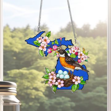 Discover Michigan American Robin & Apple Blossom Suncatcher - Hanging Sign Gift for State Pride & Nature Enthusiasts
