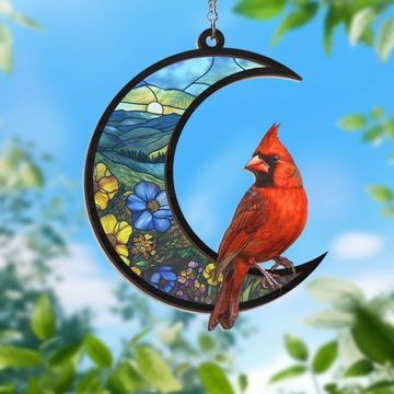 Discover Cardinal On The Crescent Moon 2 Layered Hanging Suncatcher