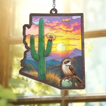 Discover Christmas Ornament, Arizona Cactus Wren and Saguaro Cactus Blossom 2 Layered Hanging Suncatcher