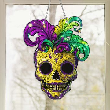 Discover Mardi Gras Skull Suncatcher Acrylic Window Hanging Sign