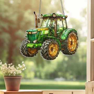 Discover Green Tractor Farmer Acrylic Suncatcher Window Hanging