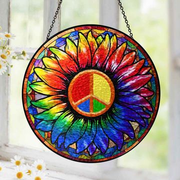 Discover Hippie Stained Glass Suncatcher - Sunflower Peace Sign Acrylic Window Hanging