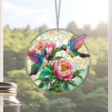 Discover Hummingbird Couple and Peony Acrylic Suncatcher Hanging Sign