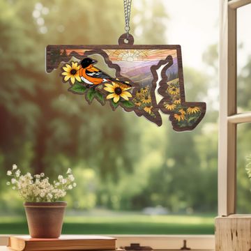 Discover Maryland Black-eyed Susan Flower and Baltimore Oriole Bird Maryland 2 Layered Hanging Suncatcher 3-Day Shipping