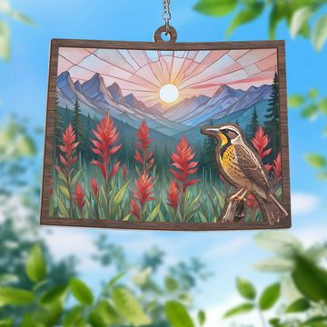 Discover Wyoming Meadowlark Bird and Indian Paintbrush Flower 2 Layered Hanging Suncatcher TPT2163WHv2