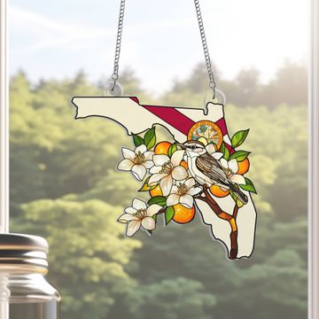 Discover Florida Mockingbird & Orange Blossom Suncatcher - Hanging Sign Gift for State Pride & Nature Lovers