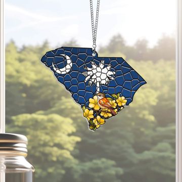 Discover South Carolina Yellow Jessamine Flower witth Carolina Wren Bird Suncatcher Acrylic Hanging Window TPT1035ASv1n