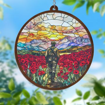 Discover Veterans Soldier Memorial With Red Flowers 2 Layered Hanging Suncatcher