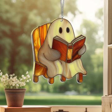 Discover Halloween Ghost Reading Book Acrylic Suncatcher -  Cute Window Hanging for Spooky Home Decor