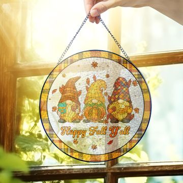 Discover Happy Fall Y'all Gnomes Pumpkin Autumn Thanksgiving Stained Glass Suncatcher 3-Day Shipping