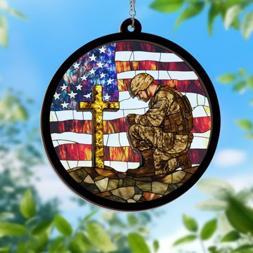 Discover Christmas Ornament, American Flag with Cross Veteran Day 2 Layered Hanging Suncatcher