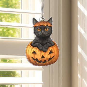 Discover Halloween Black Cat In Pumpkin Suncatcher Acrylic Hanging