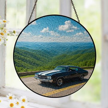 Discover Vintage Car Stained Glass Suncatcher - Mountain Scene Window Hanging for Home Decor
