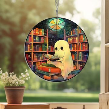 Discover Halloween Ghost Reading Book Suncatcher - Cute Window Hanging for Book Lovers
