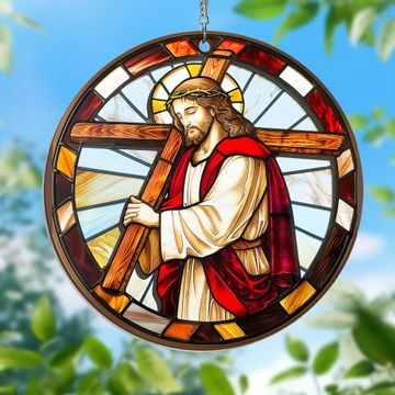 Discover Jesus Holding A Cross 2 Layered Hanging Suncatcher