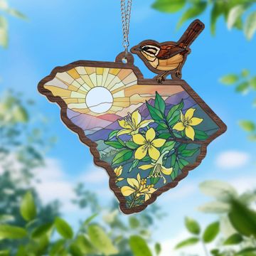 Discover South Carolina Yellow Jessamine Flower and Carolina Wren Bird 2 Layered Hanging Suncatcher 3-Day Shipping
