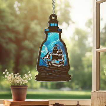 Discover Ship in a Bottle 2 Layered Hanging Suncatcher