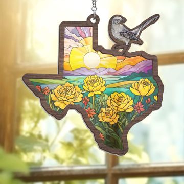 Discover Texas with Northern Mockingbird and Yellow Rose, Texas 2 Layered Hanging Suncatcher TPT1246WHv1