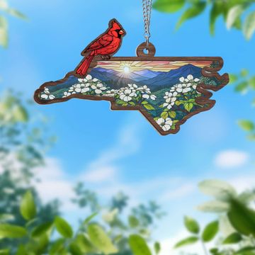 Discover North Carolina State Cardinal and Dogwood Flower 2 Layered Hanging Suncatcher