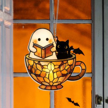 Discover Reading Ghost in Teacup Suncatcher - Halloween Acrylic Window Hanging for Book Lovers