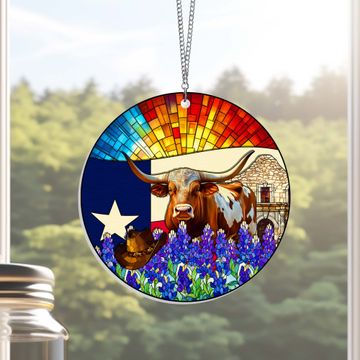 Discover Texas Suncatcher – 1 Layer Window Hanging Home Decor with Texas Longhorn and Bluebonnet