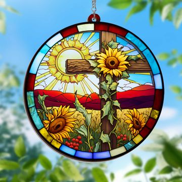 Discover Christian Cross Sunflower 2 Layered Hanging Suncatcher