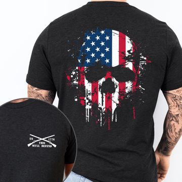 Discover Happy 4th Of july, Patriotic American Skull, This We'll Defend U.S. Veteran T-Shirt
