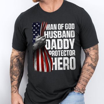 Discover Gifts For Dad, Father's Day Tee, Man of God Husband Daddy Protector Hero T-shirt