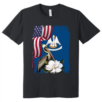 Discover Louisiana Brown Pelican Bird and Magnolia Flower T-Shirt