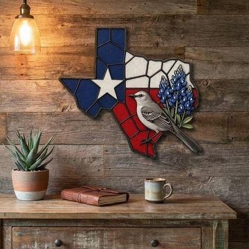 Discover Texas Map Hanging Metal Sign, Mockingbird and Bluebonnet Home Decor