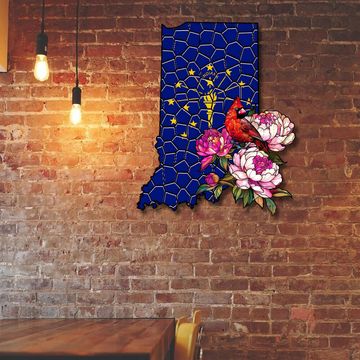 Discover Indiana Cardinal and Peony Flower Hanging Metal Sign, Art Wall Decor