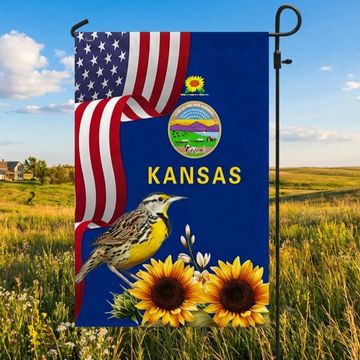 Discover Kansas State Sunflower and Meadowlark Bird Flag MLN1141Fv5 3-Day Shipping