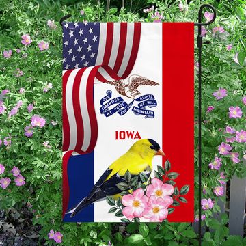 Discover Iowa State Eastern Goldfinch Bird and Wild Rose Flower Flag MLN1141Fv28