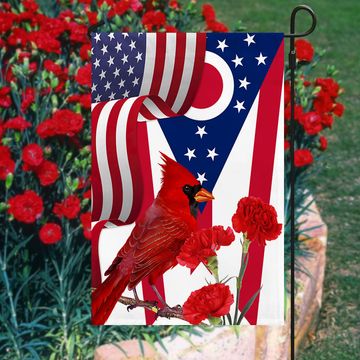 Discover Ohio State Cardinal and Scarlet Carnation Flower Flag, Double Side Printed