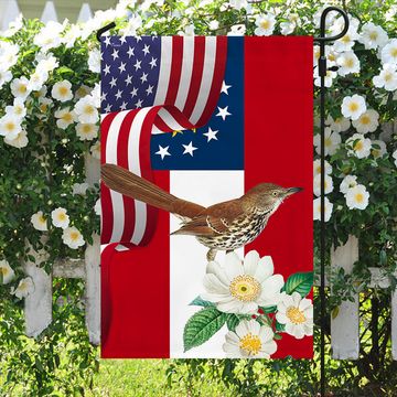 Discover Georgia State Brown Thrasher Bird and Cherokee Rose Flower Flag MLN1141Fv34