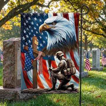 Discover Veterans Day flag, Patriotic Eagle Veteran Kneeling Soldier Christ Cross Memorial Day American Flag 3-Day Shipping