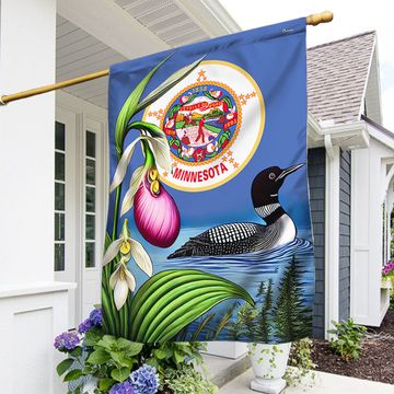 Discover Minnesota Lady's Slipper Flower and Loon Flag
