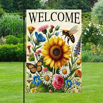 Discover Welcome Spring Flowers Bee Butterfly Flag