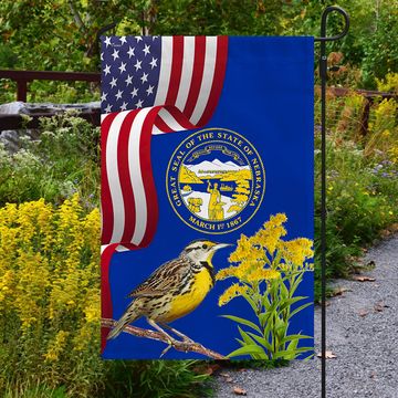 Discover Nebraska State Meadowlark Bird and Goldenrod Flower Flag MLN1141Fv46