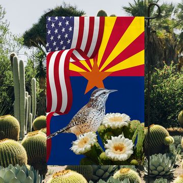 Discover Arizona State Cactus Wren Bird and Saguaro Cactus Flag MLN1141Fv24