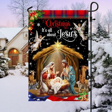 Discover Christmas It's All About Jesus.  Nativity of Jesus Holy Family Flag