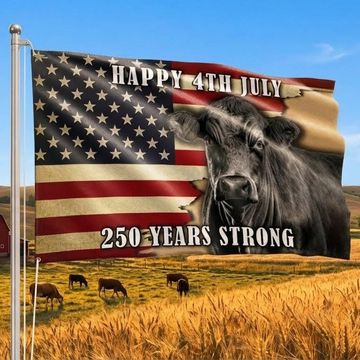 Discover Black Angus Cattle Flag, 250 Years Strong Patriotic Cow Farm Grommet Flag